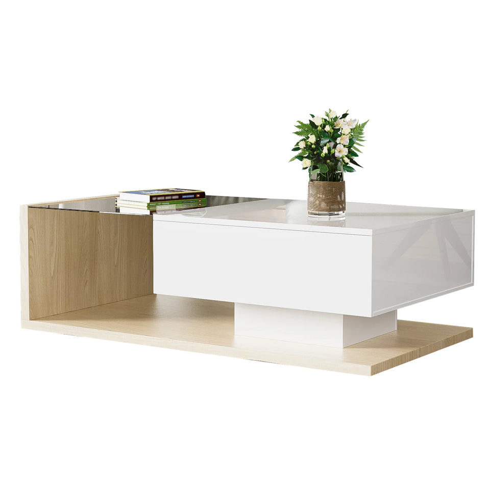 Rosahqnda coffee table side tables coffee table tables with glass and LED effect, high gloss white