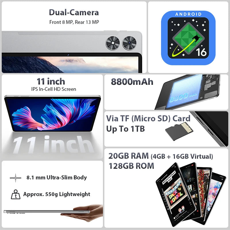 SVITOO Android 16 Tablet 11 Inch Unisoc T615 20GB RAM 128GB ROM 8800mAh Battery WiFi 5 Bluetooth 5.0 GPS Widevine L1 With Case