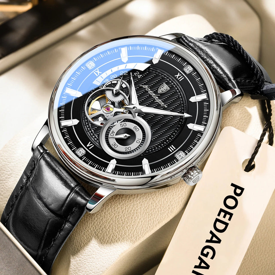 POEDAGAR Fashion Business Men Watch Waterproof Luminous Hollow Tourbillon Male Clock Automatic Mechanical Leather Men's Watches