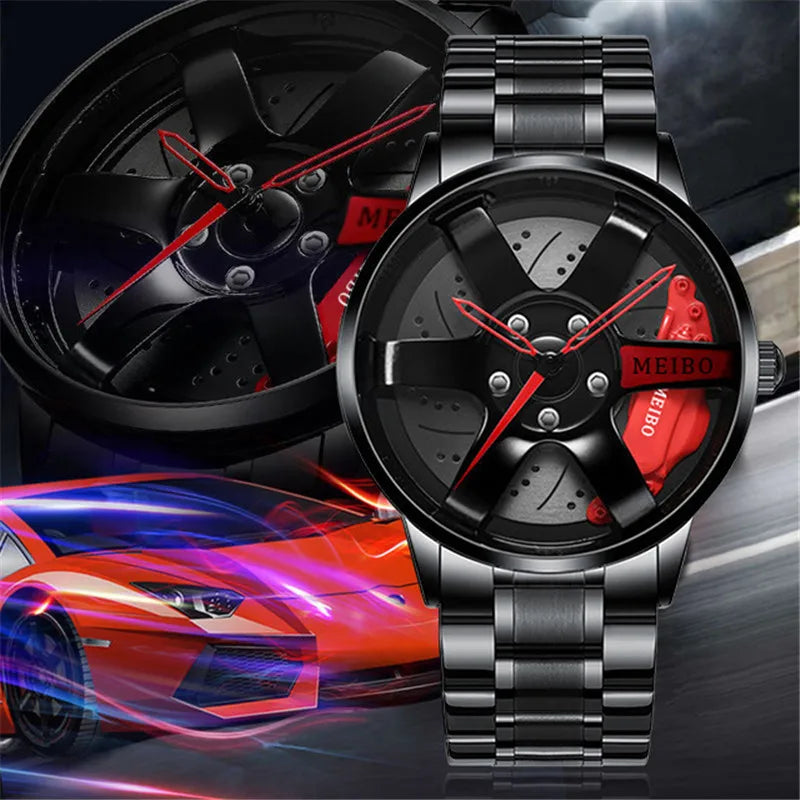 New Top Men Stainless Steel Watches Mens Car Wheel Hub Leather Quartz Watch For Male Military Sport Watch Relogio Masculino Hot