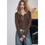 ELFSACK 2025 Autumn New Arrivals Casual V Neck Color Block False Two Piece Knitted Sweater For Woman