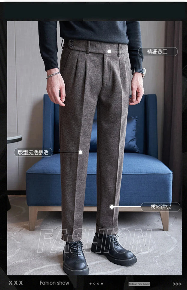 Autumn Winter Neapolitan Trousers Men with 5% Wool Fabric, Coffee Fashionable Simple & Versatile Casual Pants,pantalones Hombre