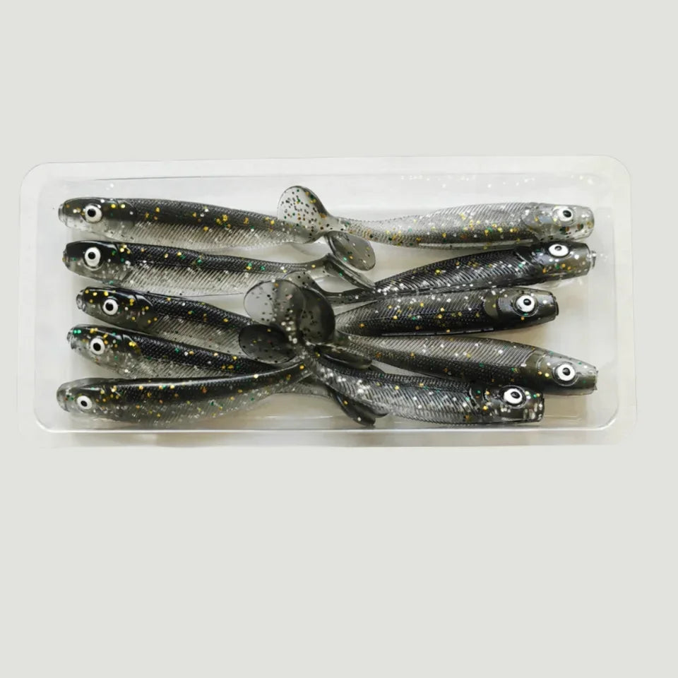 MUKUN 10pcs 60mm 2g Soft Lures Baits Fishing Lure Leurre Shad Double Color Silicone Bait T Tail