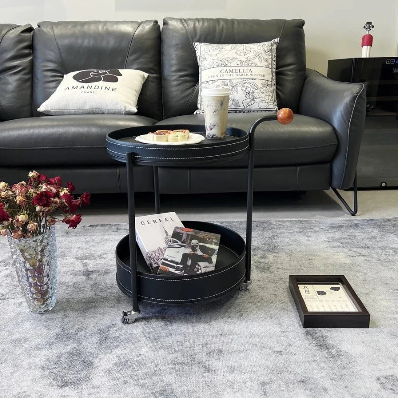 2025 New Light Luxury Sofa Side Table Movable Hotel Room Saddle Leather Trolley Home Bedroom Storage Bedside Small Coffee Table