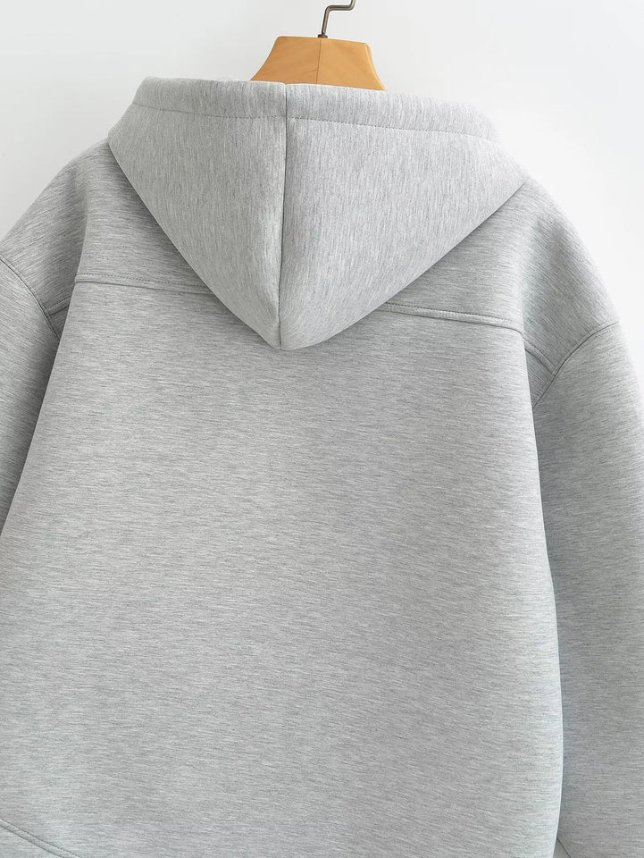 HH Autumn Women Gray Jacket With Hood Long Sleeve Big Pocket Zipper Jacket Coat Woman Loose Casual Outerwear Coat Tops