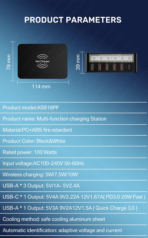 100W USB PD QC Charger Adapter Wireless Charger 6 Ports Fast Charging Station for IPhone 14 13 12 Pro Max IPad, Samsung Huawei
