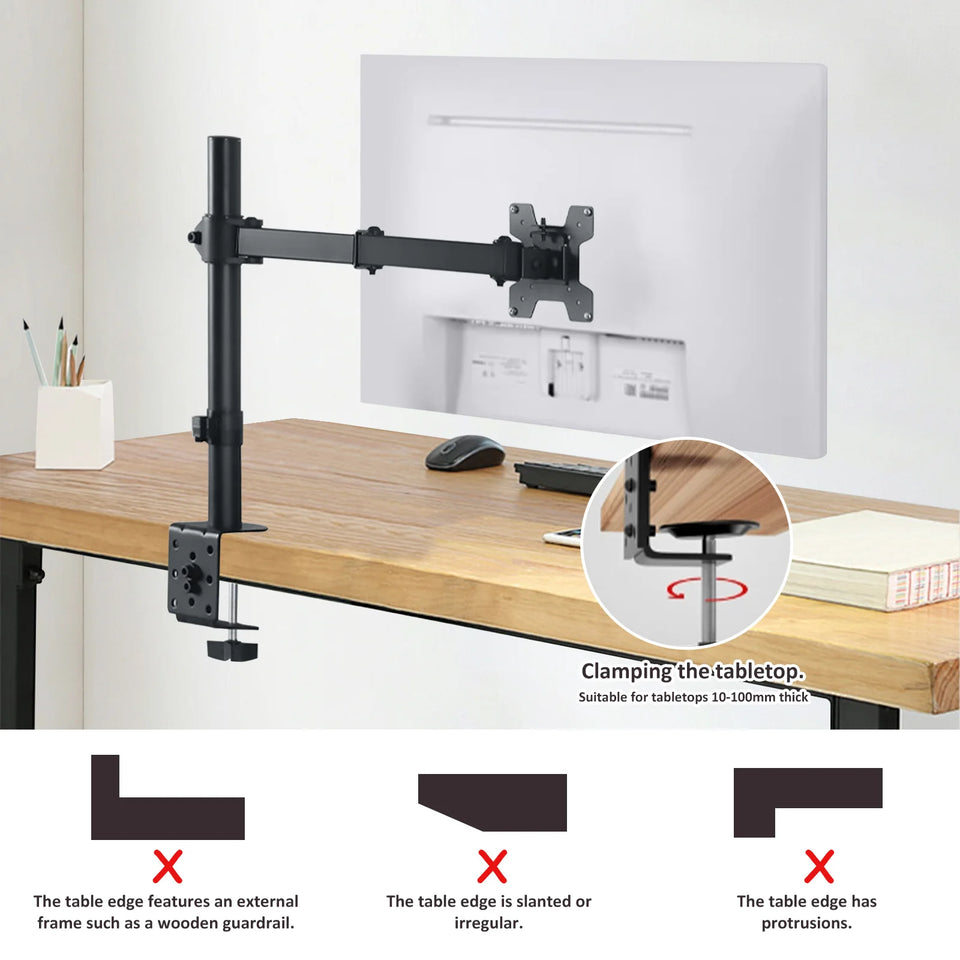 Adjustable Single Monitor Arm – Universal Mount for 12-32" Screens, Height/Angle Adjustable, Sturdy Steel, Ideal for Home Office