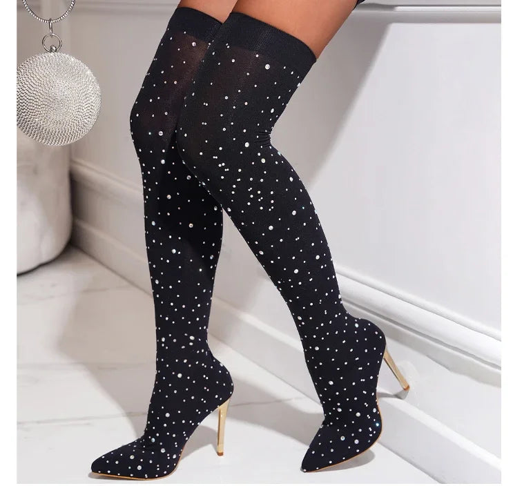 Eilyken Sexy Runway Crystal Stretch Fabric Sock Over the Knee Boot Thigh Stiletto High Pointed Toe Woman Shoes Zapatillas Mujer