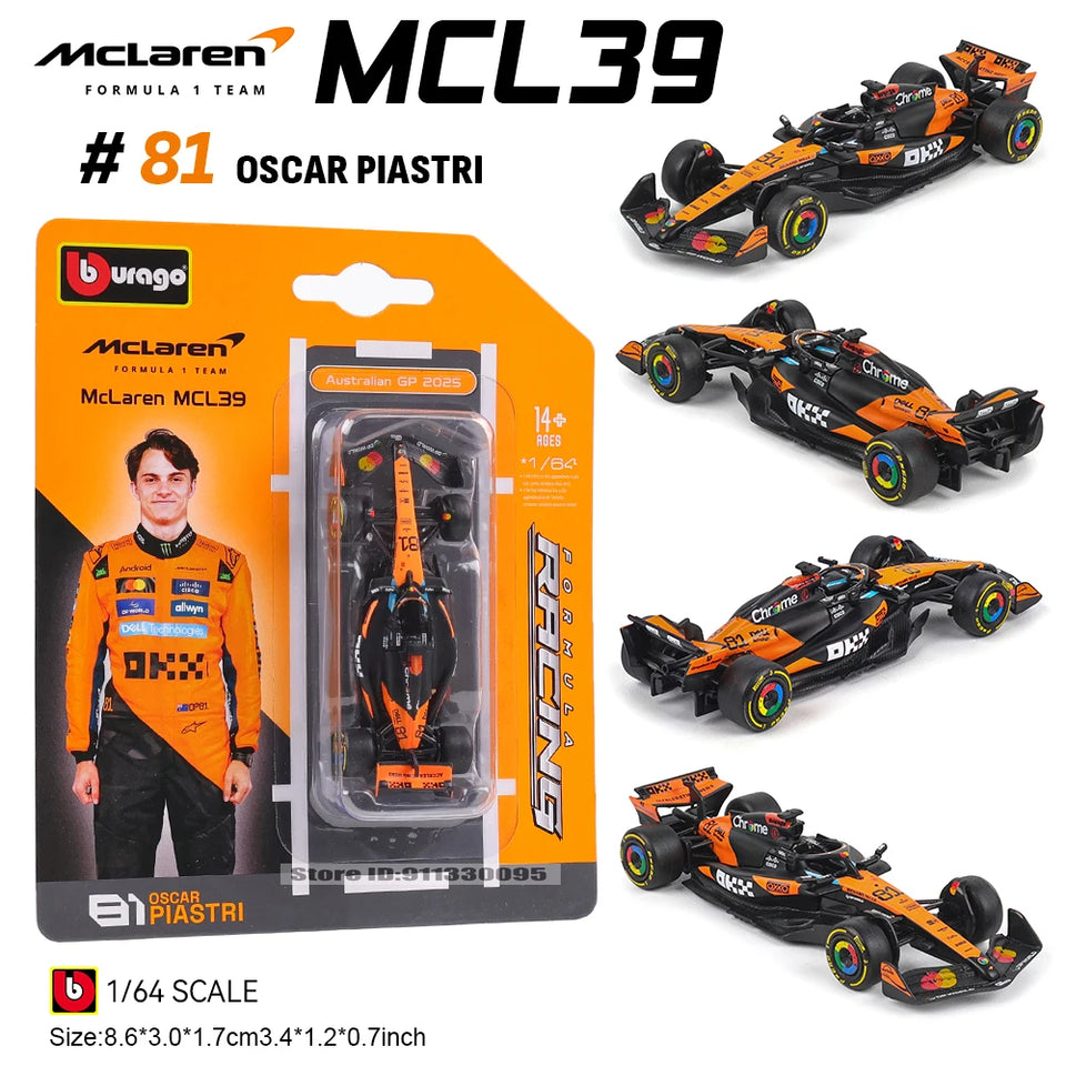 Bburago 1:64 McLaren F1 2025 MCL39 #4 Lando Norris #81 Oscar Piastri car model series children's Christmas boy gift toys