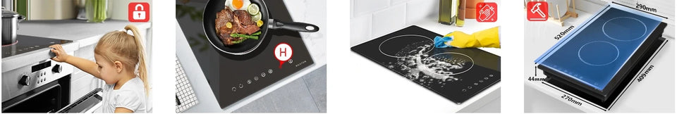NOXTON Ceramic Hob, Built-in 2 Zone Electric Hobs 29 x 52cm Noise-free Auto Shut-off Safe Lock Heat Indicator Black Glass Panel