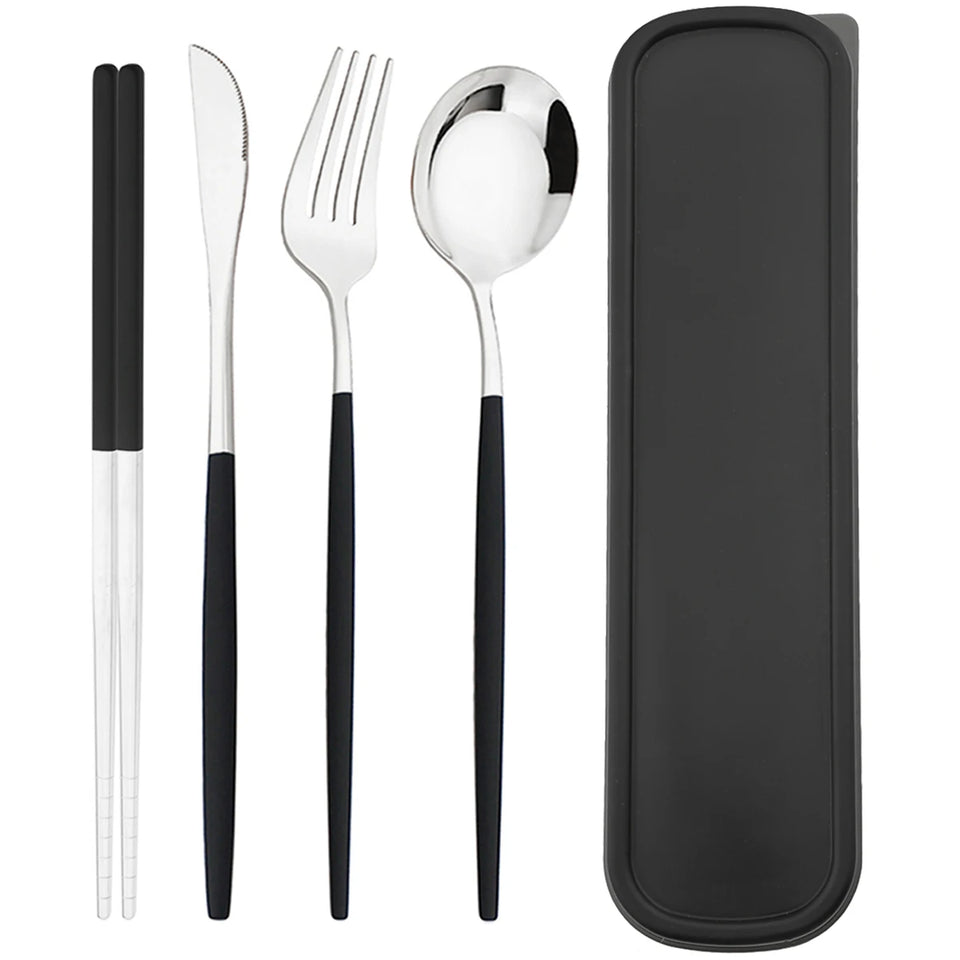 4pcs Stainless Steel Cutlery Set With Storage Box Black Gold Portable Cutlery Set For Home Kitchen Dining Household Tableware