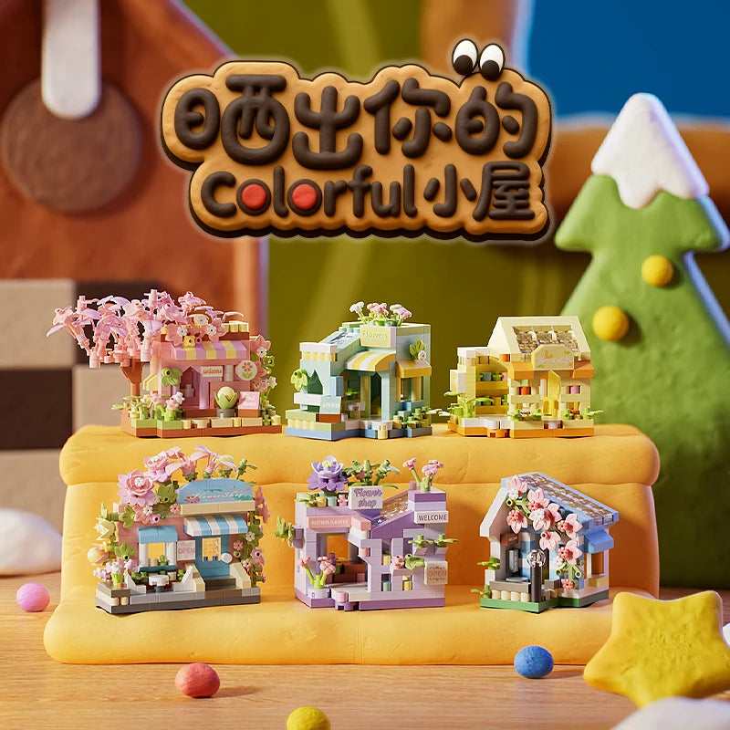 Coffee Ice Cream Flower Shop Store Street View Food House Building Blocks Kit Girls Bricks Model Kids Toy Mini Assembly Bricks