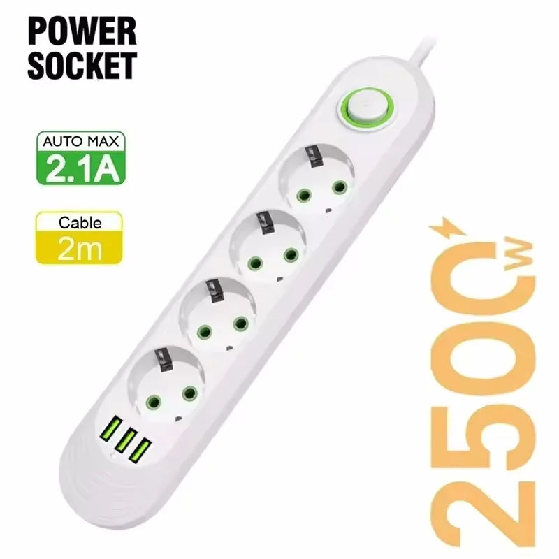 2500W Power Strip with 3USB Ports EU Plug Socket 2m Extension Cable Fast Charging Round Pin AC Outlet Electrical Charger Adapter