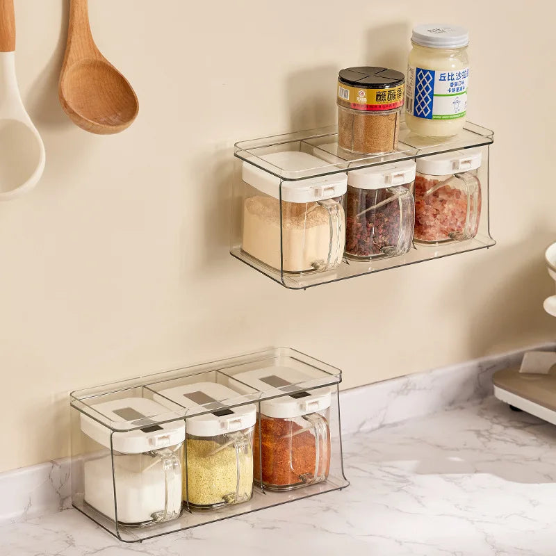 Condiments Container Seasoning Jars, Kitchen Spicy Jars with Lids and Spoons, Tea Coffee Sugar Canisters Glass Spice Box
