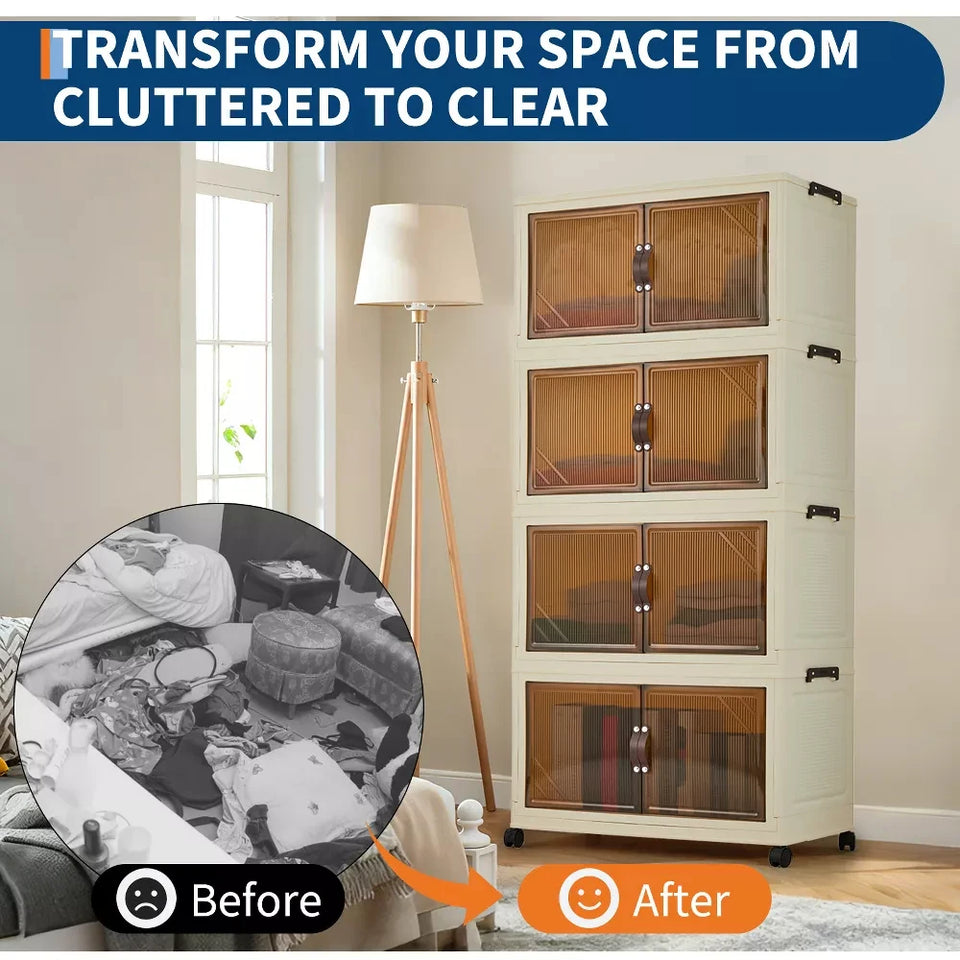3/4/5-Tier Foldable Storage Cabinet with Lids & Wheels, Stackable Plastic Organizer for Closet, Bedroom, Office & Kitchen