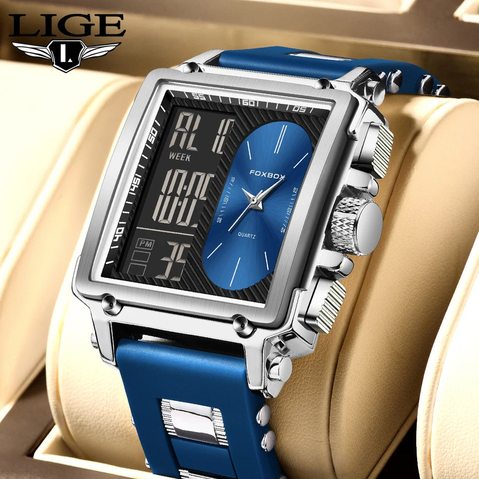 LIGE Fashion Square Digital Watch Men Casual Sports Waterproof Men's Quartz Wristwatch FOXBOX Top Brand Luxury Chronograph Watch