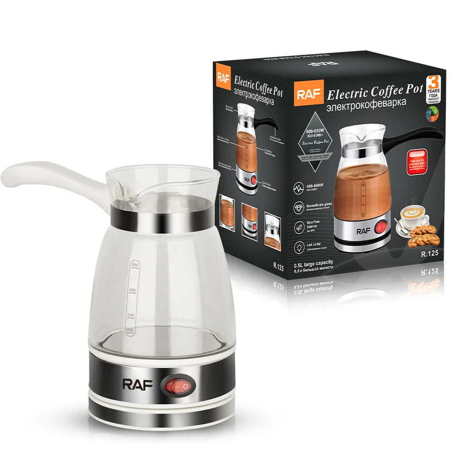 Electric Coffee Maker Glass Turkish Coffee Pot Italian Mocha Tea Milk Heating Machine Portable for Household Office 5-6 Cups