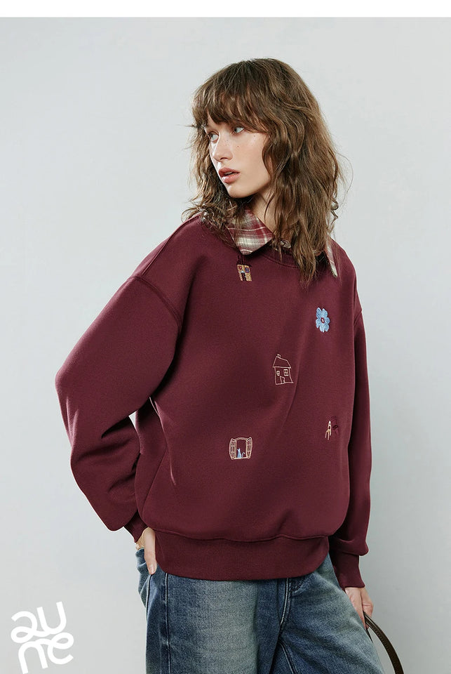 TOYOUTH Women Warm Hoodies Sweatshirt 2025 Winter New Cotton Cartoon Embroidery Age-Reducing Tops