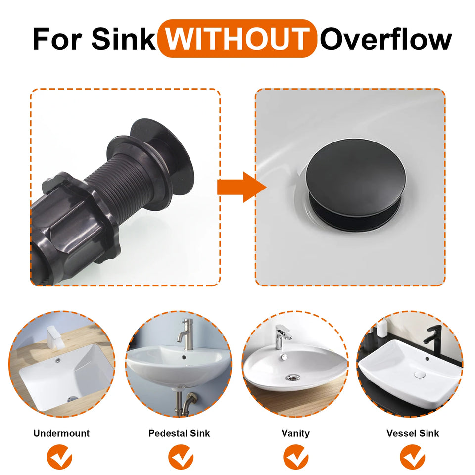 Stainless Steel Bathroom Sink Drain Stopper Without Overflow Fit Lavatory Vanity Vessel Sink Pop Up Drain Assembly Brass Cover