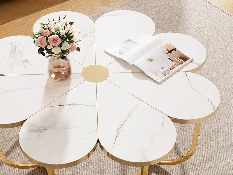 Tribesigns Faux Marble Coffee Table, White and Gold Flower-Shaped Accent Table for Living Room