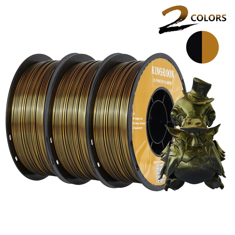 KINGROON Dual-color Silk PLA Filament 1.75mm 2 Color Coextrusion Glossy 3D Printer Filament PLA, 3kg/pack 1kg each spool