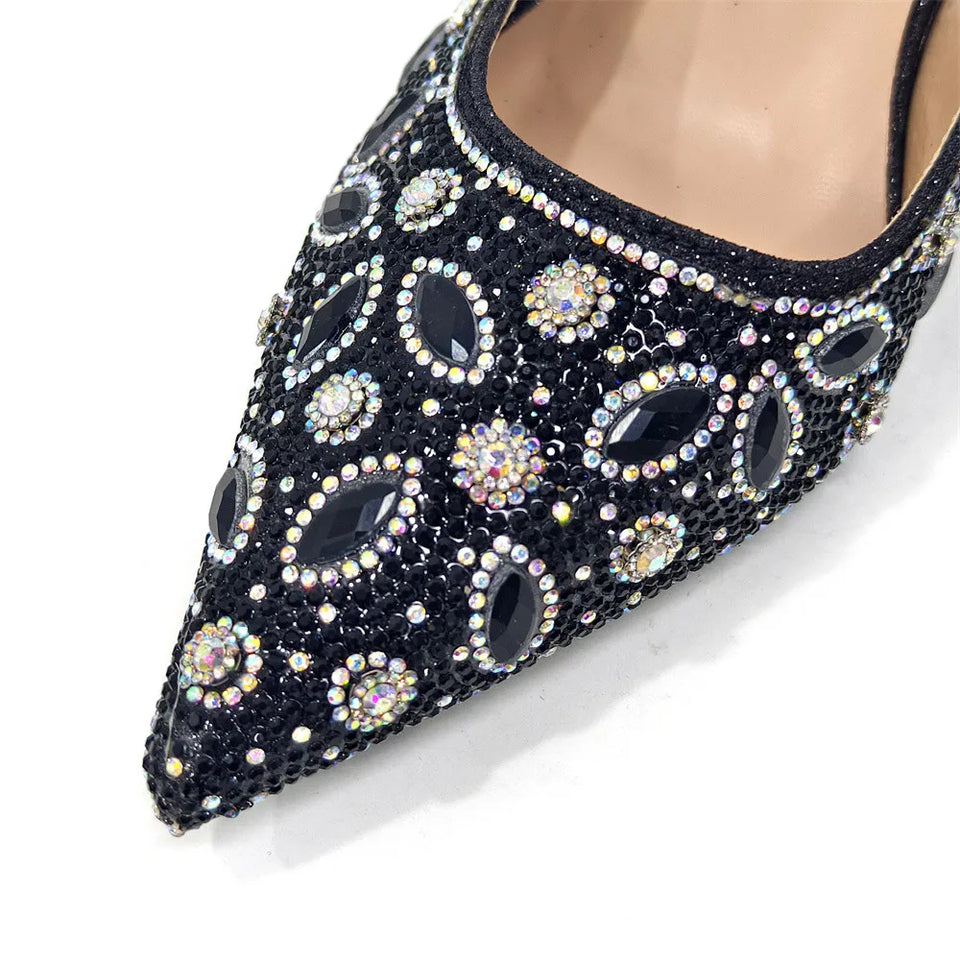 Elegant And Sexy Golden Color High Heels Shoes And Bag With Rhinestone Embellished Toe Is Comfortable Women's Shoes For Party