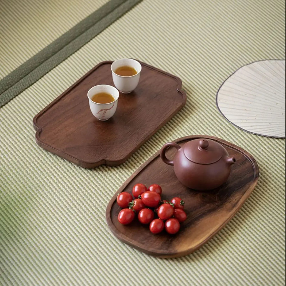 Retro Walnut Tea Tray Wooden Round Serving Platter Tray Leaf Storage Wooden Tea Tray Plate Tea