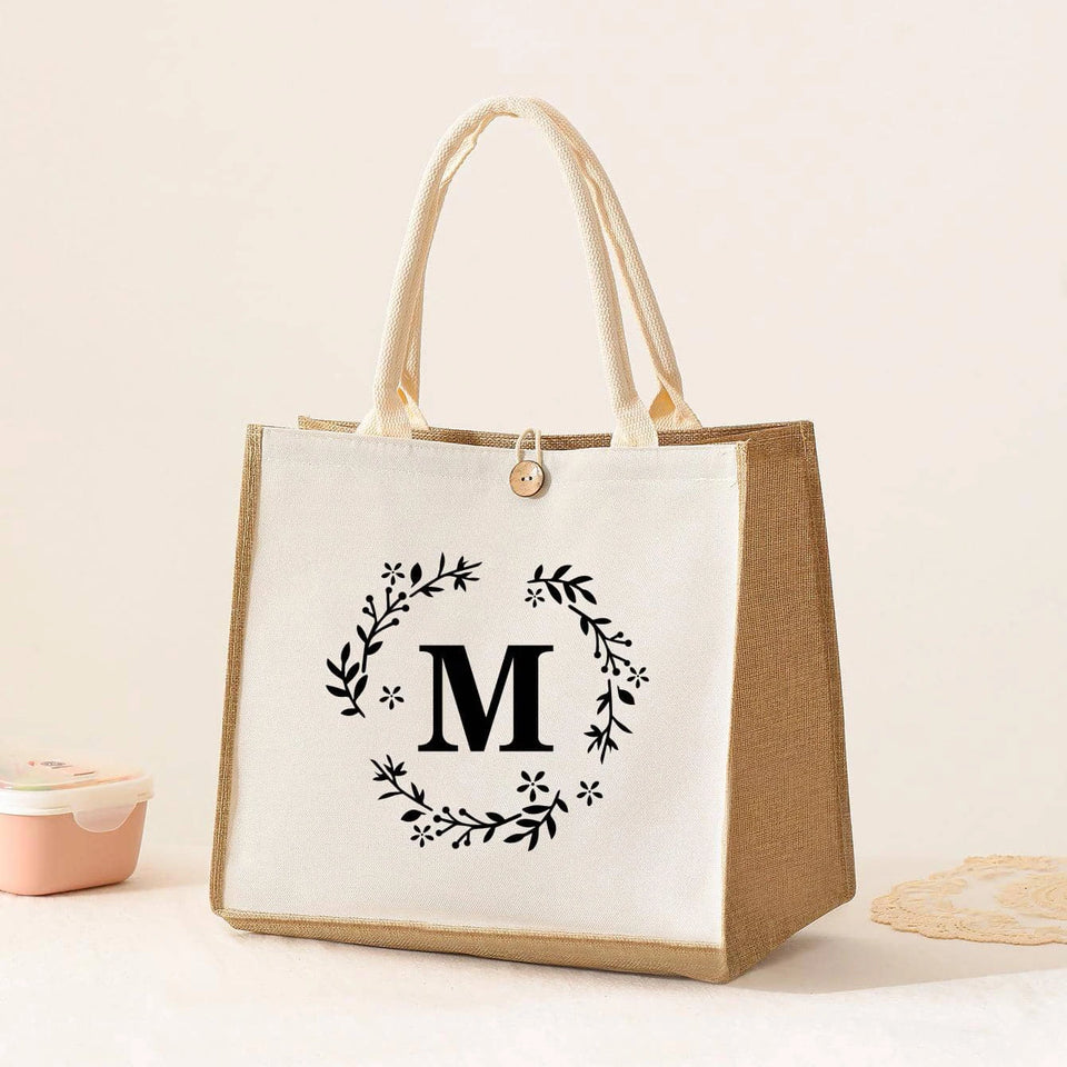 Large Capacity Ladies Tote Bag, Letter Printing Faux Linen Button Handbag, Portable Travel Storage Travel Bag