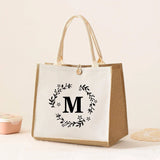 Large Capacity Ladies Tote Bag, Letter Printing Faux Linen Button Handbag, Portable Travel Storage Travel Bag