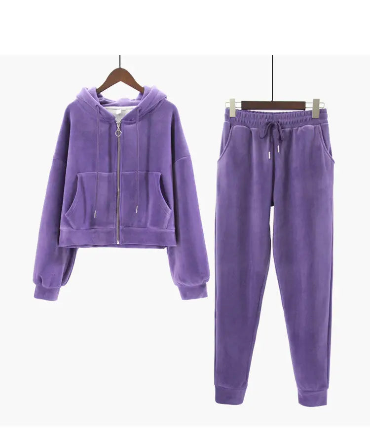 Thickened Gold Velvet Long Sleeved Hooded Sweatshirt with Lace Up Leg Ties Two Elegant Women's Pants Set Tracksuits