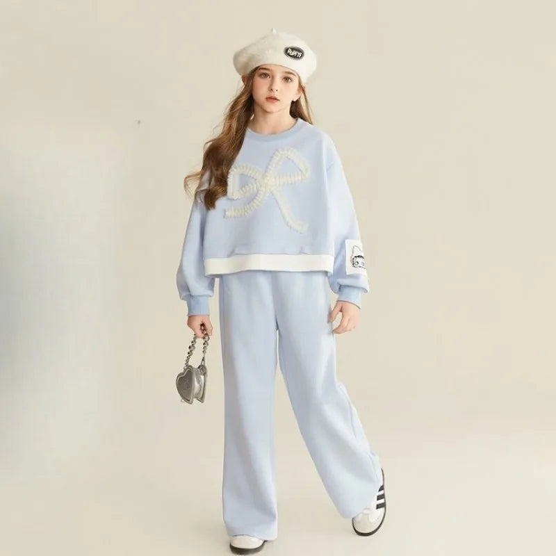 Top & Pants 2-Piece Set Sweatshirt Bow Korean Children's Clothing 2025 Autumn Winter Suits Clothes for Girls From 7 To 8 Years
