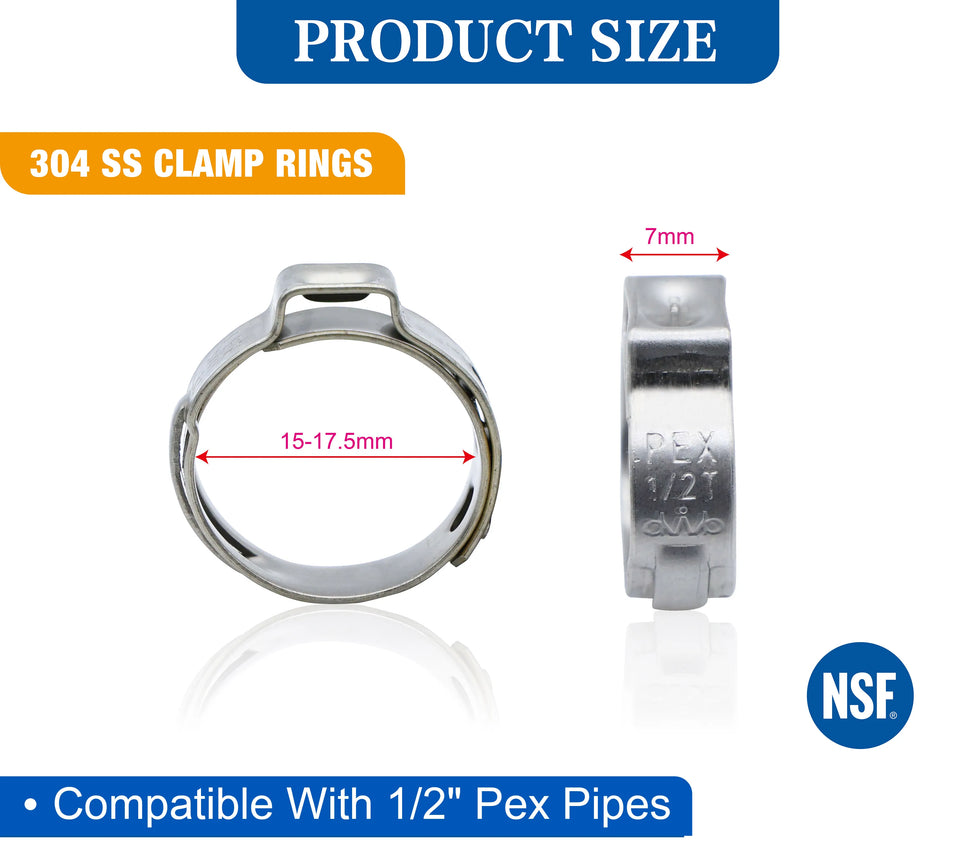 KING SMART  1/2" PEX Stainless Steel Clamp Rings; Suitable for PEX B/C Pipe, PERT Pipe NSF Certified; 100 Pcs; 80380