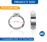 KING SMART  1/2" PEX Stainless Steel Clamp Rings; Suitable for PEX B/C Pipe, PERT Pipe NSF Certified; 100 Pcs; 80380