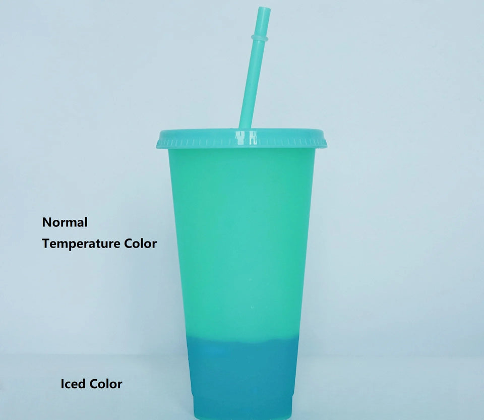5PCS Plastic Cute Cold Cups with Lids and Straws for Iced Coffee 24 oz Color Changing Reusable for Adults Kid Women Party