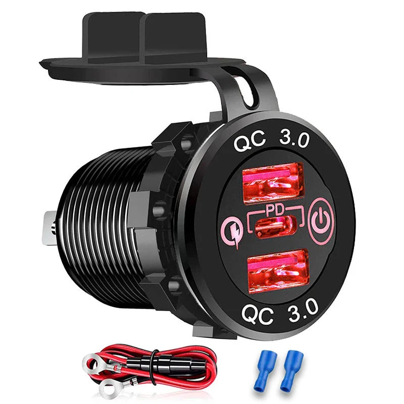 12V/24V Triple USB C Car Charger Socket USB Outlets PD & 18W QC3.0 Aluminum Metal Car Socket Adapter with Touch Switch