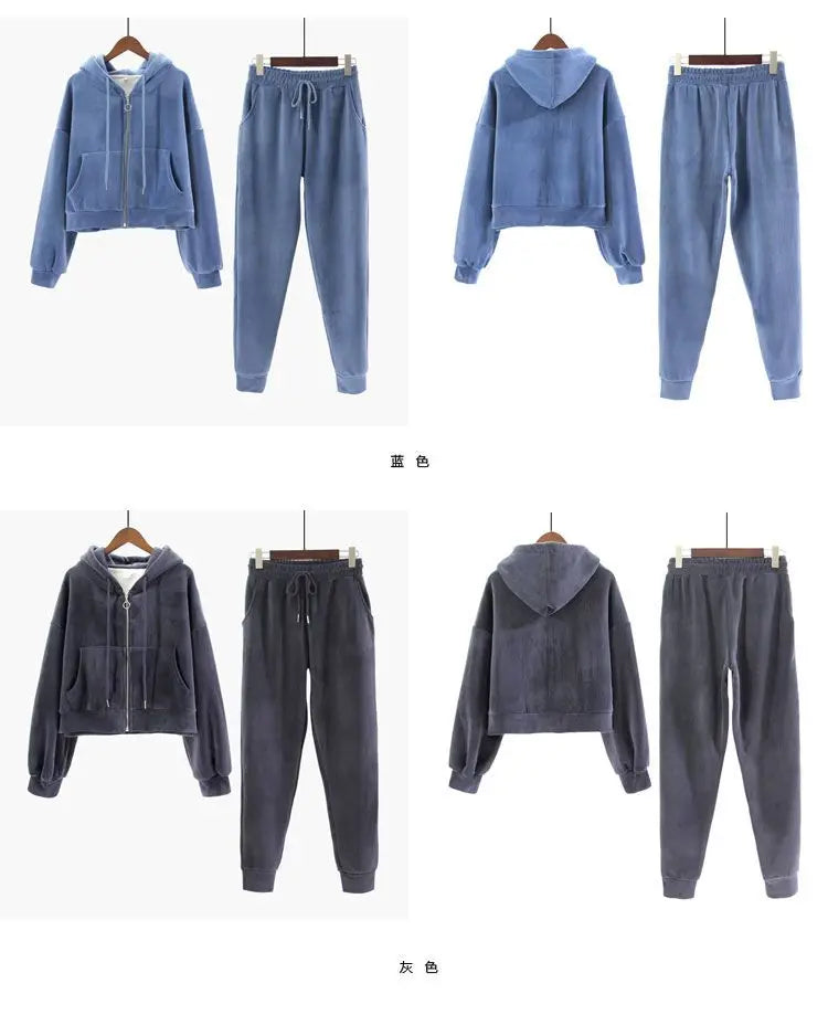 Thickened Gold Velvet Long Sleeved Hooded Sweatshirt with Lace Up Leg Ties Two Elegant Women's Pants Set Tracksuits