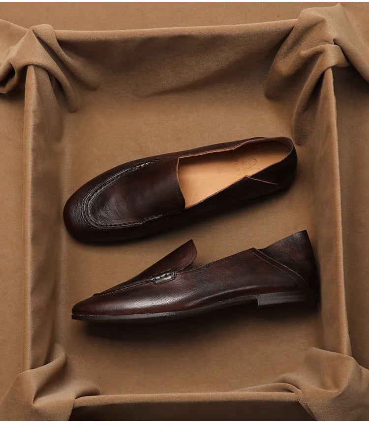 SHOEBOX Retro flat woman loafers new fashion style for spring and autumn 2025, shallow-mouth round-toe genuine leather shoes