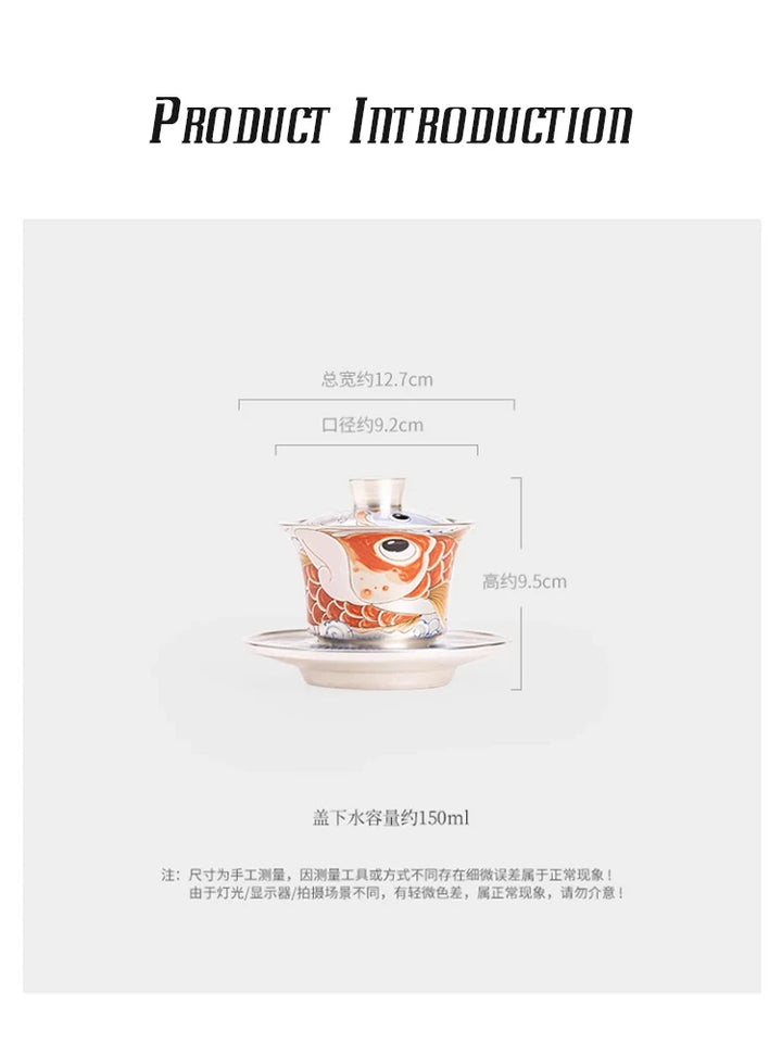 Tea set handmade silver three talents horseshoe covered bowl, Chinese dragon fish respect tea bowl, tea making bowl, tea cup for