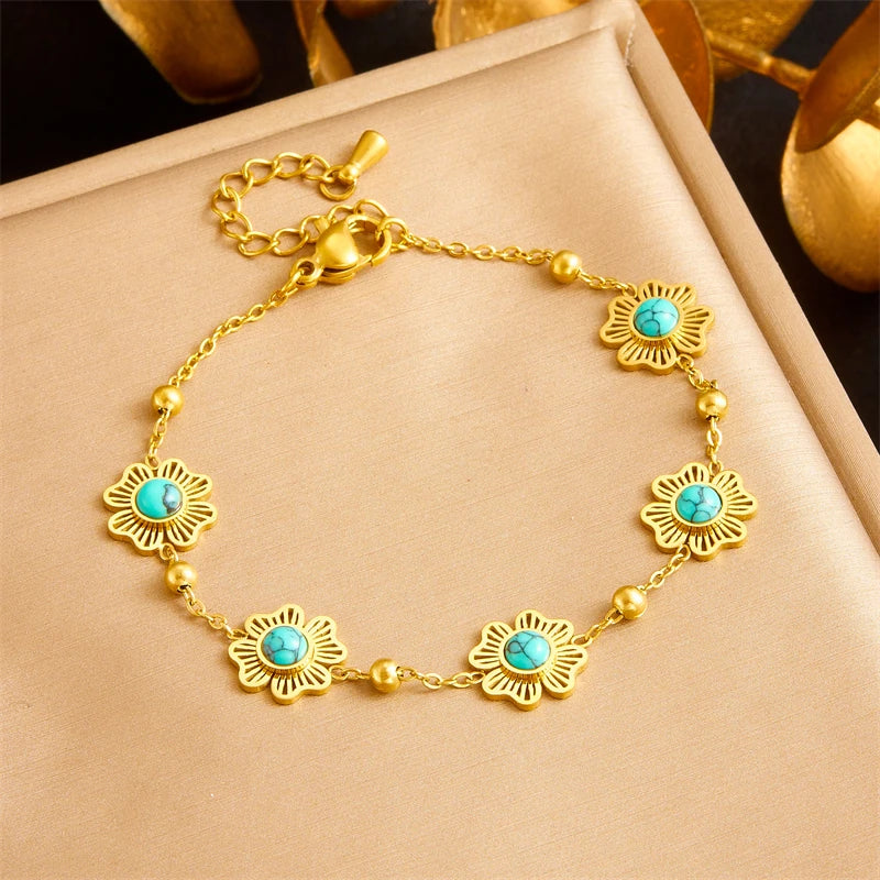 DIEYURO 316L Stainless Steel Retro Turquoise Hollowed Out Flowers Bracelet Women New Trendy New Fashion Wrist Chain Jewelry Gift
