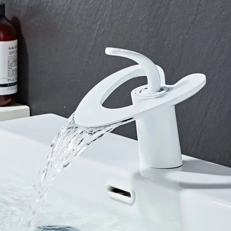 Waterfall Creative Bathroom Basin Faucet Sink Faucet Deck Mounted Hot Cold Water Mixer Crane Brass Body Single Hole Taps Mixers