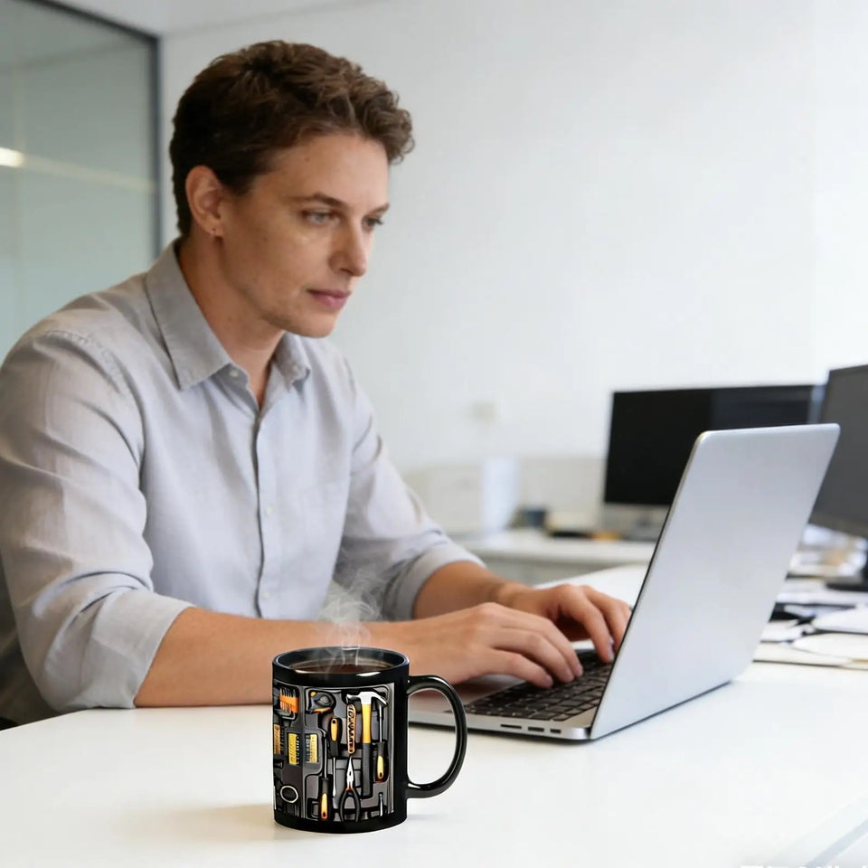 11OZ Coffee Mug Toolbox Design Wrench Pattern Mechanic Water Cup Ceramic Mechanic Mug Themed C-Shaped Handle Car Mechanic Gift