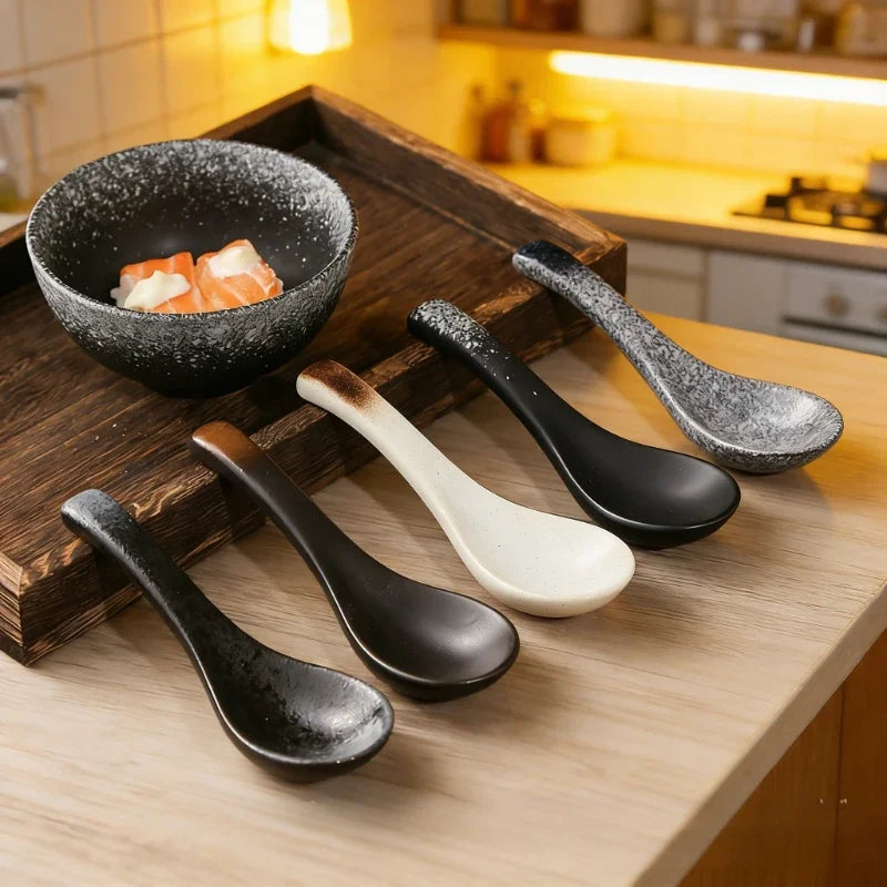 Vintage Japanese Ceramic Tableware Set: Soup Spoons, Ladles & Rice Bowls for Home and Commercial Kitchen
