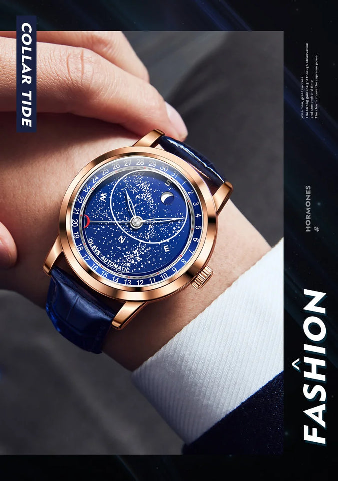 OLEVS 9923 Moon Phase Automatic Mechanical Watches for Man Fashion Leather Strap Waterproof Starry Sky Blue Luxury Men's Watches