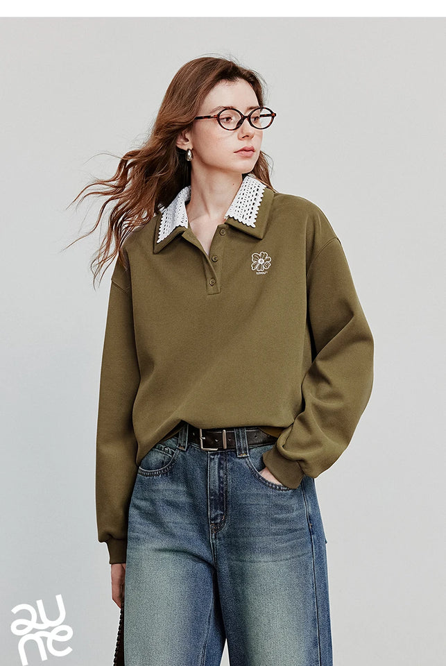 TOYOUTH Women Sweatshirt 2025 Autumn New Green Velvet Embroidery Contrasting Color Splicing Double Layer Collar Pullover Hoodies