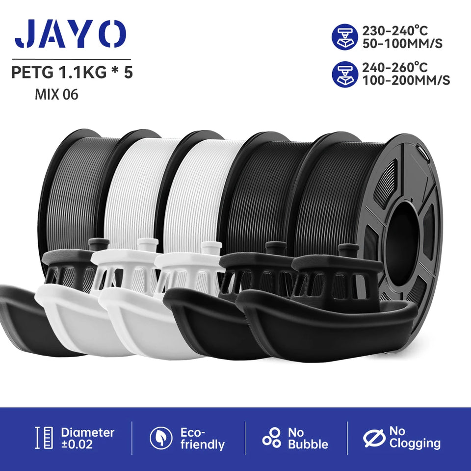 JAYO filaments petg 5Rolls Mixed colors 3D Printer Filament 1.75mm 100% No Bubble FDM 3D Printer Materials DIY Gift 1.1KG/1rolls
