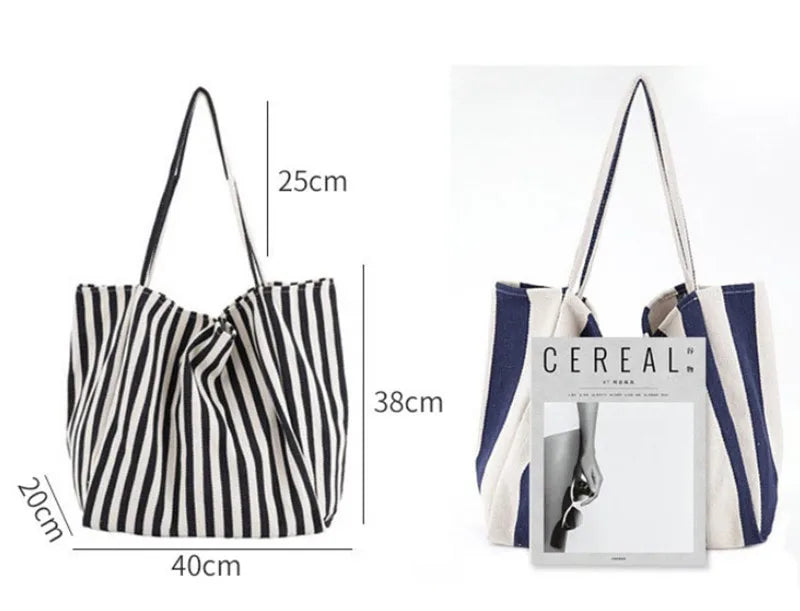 2023 Fashion Ladies Classic Striped Canvas Handbag Large Capacity Shoulder Bag For Female Simple Beach Casual Totes Shopping Bag
