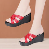 High quality summer leather wedge sandals for women 6cm mid heel new 2025 size 32 33 42 43 platform open toe elegant shoe black