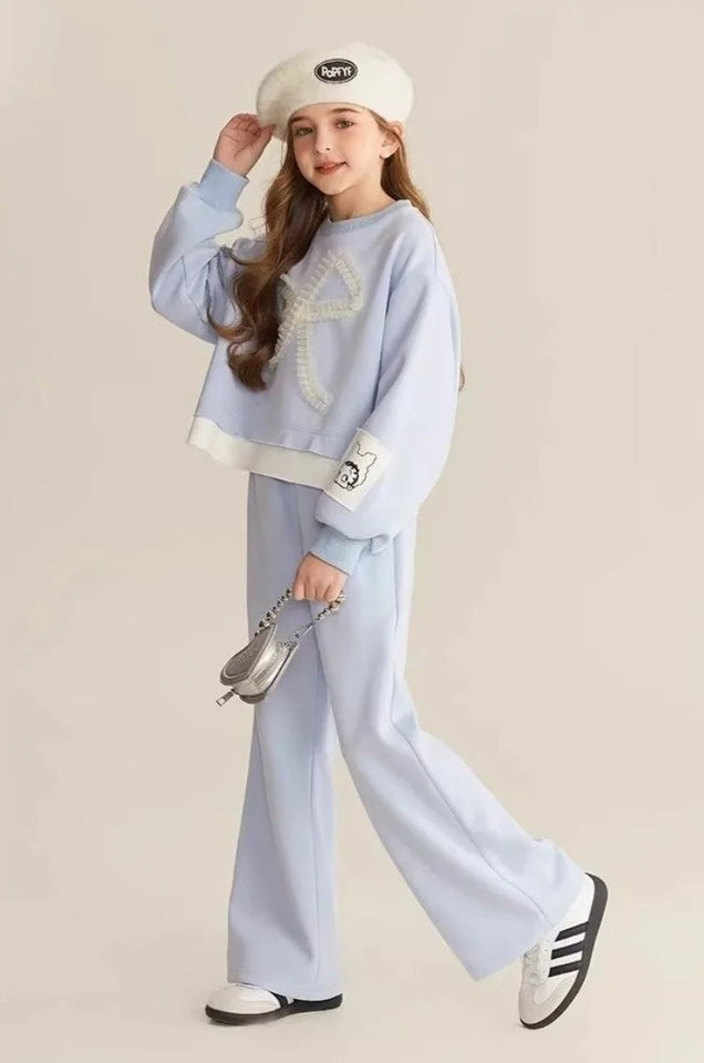 Top & Pants 2-Piece Set Sweatshirt Bow Korean Children's Clothing 2025 Autumn Winter Suits Clothes for Girls From 7 To 8 Years