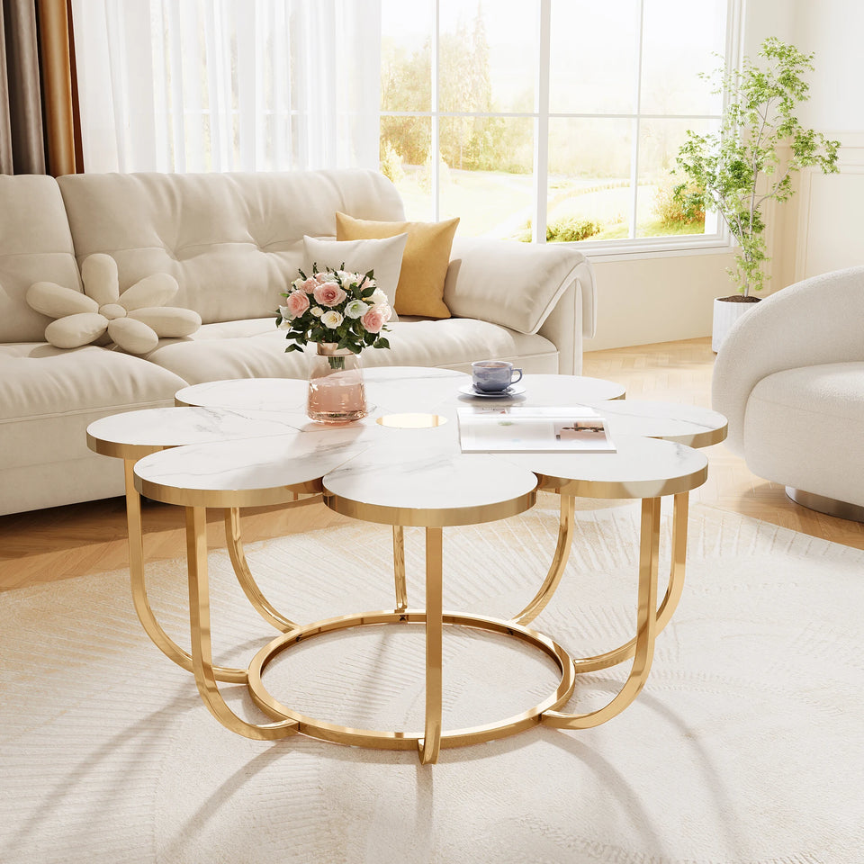 Tribesigns Faux Marble Coffee Table, White and Gold Flower-Shaped Accent Table for Living Room