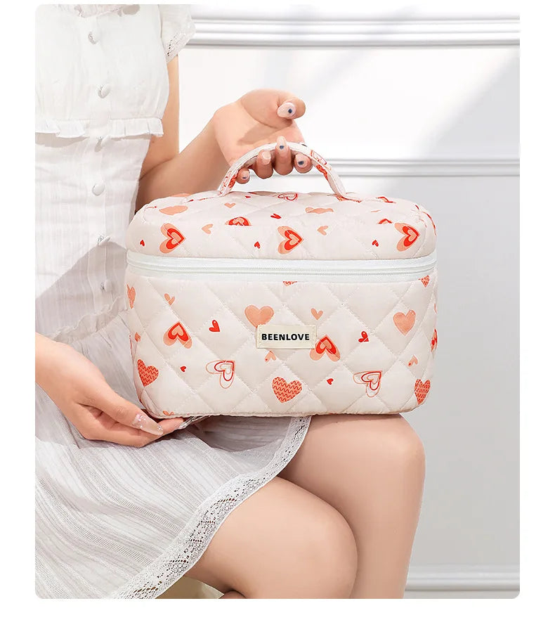 Storage Organizer Cherry Printing Makeup Bag Quilted Cosmetic Pouch Large Travel Cosmetic Bag Cute Cotton Makeup Pouch